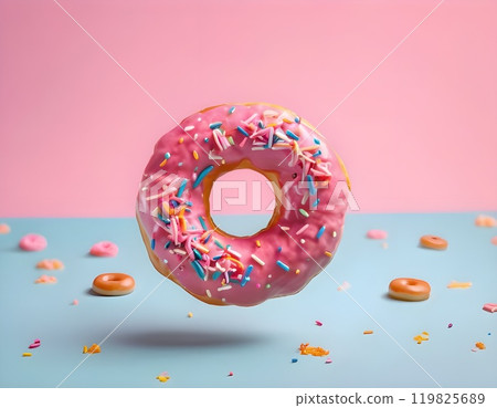 food template. Pink frosting donut doughnut floating flying with dropping colourful sprinkles food template. Pink frosting donut doughnut floating flying with dropping colourful sprinkles 119825689