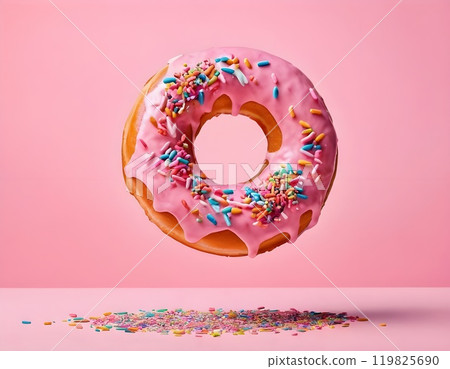 food template. Pink frosting donut doughnut floating flying with dropping colourful sprinkles food template. Pink frosting donut doughnut floating flying with dropping colourful sprinkles 119825690
