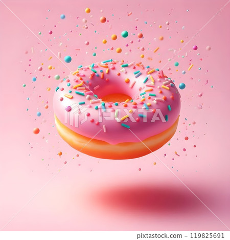 food template. Pink frosting donut doughnut floating flying with dropping colourful sprinkles food template. Pink frosting donut doughnut floating flying with dropping colourful sprinkles 119825691