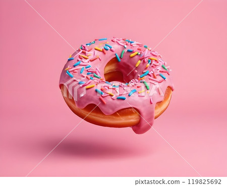 food template. Pink frosting donut doughnut floating flying with dropping colourful sprinkles food template. Pink frosting donut doughnut floating flying with dropping colourful sprinkles 119825692
