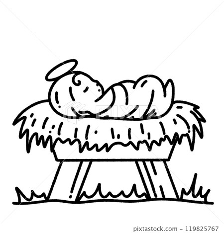 Baby Jesus on a manger Nativity Scene Hand drawn Christmas Winter christianity religion graphic vector illustration isolated on white background color editable Baby Jesus on a manger Nativity Scene Hand drawn Christmas Winter christianity religion graphic vector illustration isolated on white background color editable 119825767