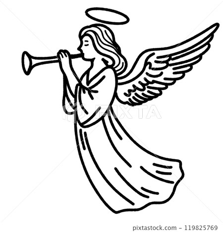 An angel playing a trumpet Hand drawn Christmas Winter christianity religion graphic vector illustration isolated on white background color editable An angel playing a trumpet Hand drawn Christmas Winter christianity religion graphic vector illustration isolated on white background color editable 119825769