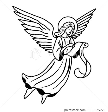 An Angel holding a scroll Hand drawn Christmas Winter christianity religion graphic vector illustration isolated on white background color editable An Angel holding a scroll Hand drawn Christmas Winter christianity religion graphic vector illustration isolated on white background color editable 119825770