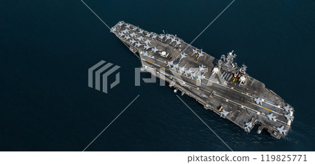Aerial view military nuclear ship navy ship carrier full loading fighter jet aircraft, Aircraft carrier nuclear warship battleship, Military nuclear ship on the ocean. Aerial view military nuclear ship navy ship carrier full loading fighter jet aircraft, Aircraft carrier nuclear warship battleship, Military nuclear ship on the ocean. 119825771
