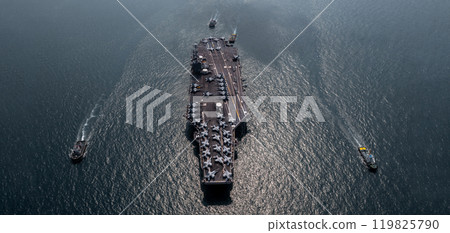 Aerial view military nuclear ship navy ship carrier full loading fighter jet aircraft, Aircraft carrier nuclear warship battleship, Military nuclear ship on the ocean. 119825790