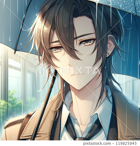 Anime handsome boyholding an umbrella while standing in the rain on a busy city street 119825843