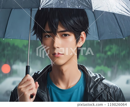 Anime handsome boyholding an umbrella while standing in the rain on a busy city street 119826064
