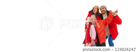 Happy family bonding woman, Parent and children wearing red matching winter outfits, enjoying time as they ice skating. Happiness 119826247