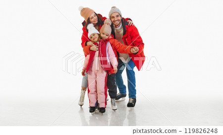 Winter vacation fun. Happy family, parent and children dressed in matching bright winter outfits, ice skating together, laughing 119826248