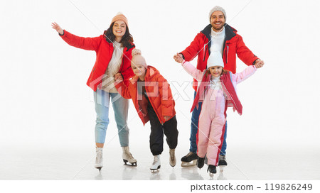 Winter vacation fun. Happy family, parent and children dressed in matching bright winter outfits, ice skating together, laughing Winter vacation fun. Happy family, parent and children dressed in matching bright winter outfits, ice skating together, laughing 119826249