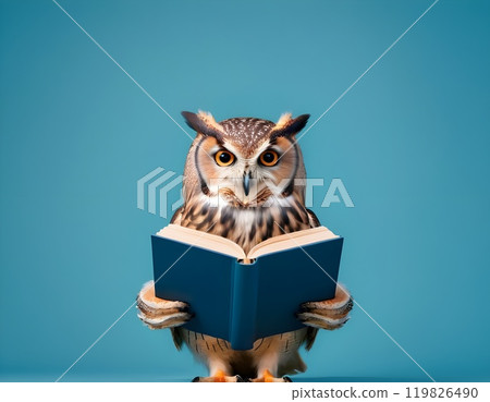 Wisdom and education concept image with a wise owl reading a book on blue background with copy space 119826490