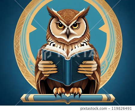 Wisdom and education concept image with a wise owl reading a book on blue background with copy space Wisdom and education concept image with a wise owl reading a book on blue background with copy space 119826491