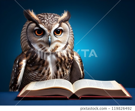 Wisdom and education concept image with a wise owl reading a book on blue background with copy space 119826492