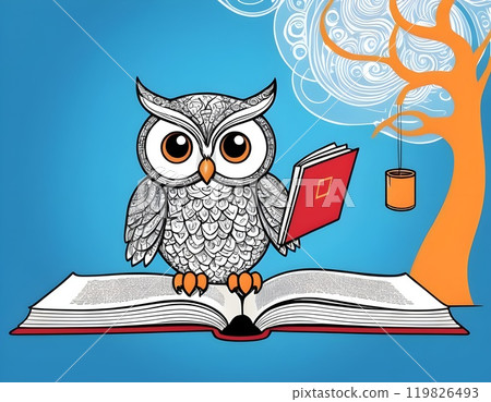 Wisdom and education concept image with a wise owl reading a book on blue background with copy space 119826493