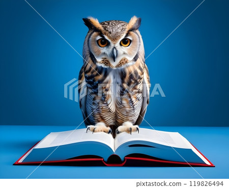 Wisdom and education concept image with a wise owl reading a book on blue background with copy space 119826494