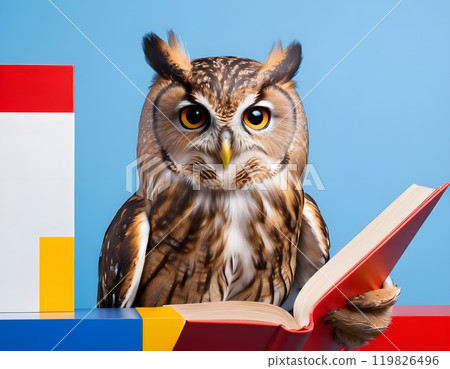 Wisdom and education concept image with a wise owl reading a book on blue background with copy space 119826496