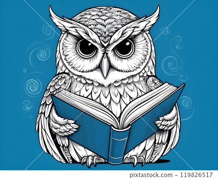 Wisdom and education concept image with a wise owl reading a book on blue background with copy space 119826517