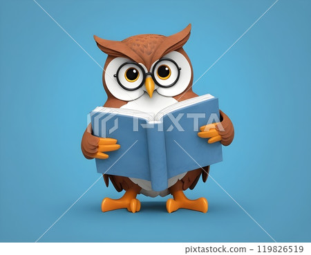 Wisdom and education concept image with a wise owl reading a book on blue background with copy space 119826519