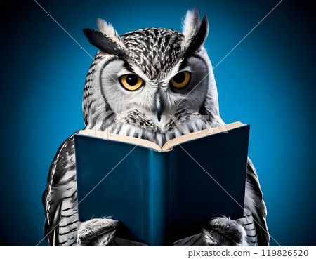 Wisdom and education concept image with a wise owl reading a book on blue background with copy space 119826520