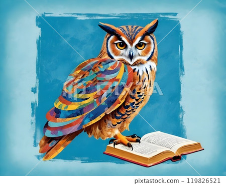 Wisdom and education concept image with a wise owl reading a book on blue background with copy space 119826521