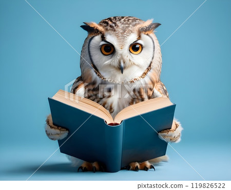 Wisdom and education concept image with a wise owl reading a book on blue background with copy space 119826522