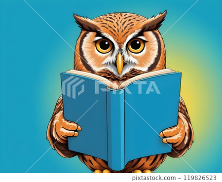 Wisdom and education concept image with a wise owl reading a book on blue background with copy space Wisdom and education concept image with a wise owl reading a book on blue background with copy space 119826523