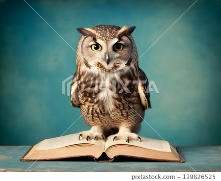 Wisdom and education concept image with a wise owl reading a book on blue background with copy space 119826525