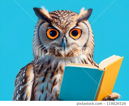 Wisdom and education concept image with a wise owl reading a book on blue background with copy space Wisdom and education concept image with a wise owl reading a book on blue background with copy space 119826526