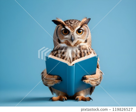 Wisdom and education concept image with a wise owl reading a book on blue background with copy space 119826527