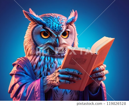 Wisdom and education concept image with a wise owl reading a book on blue background with copy space 119826528