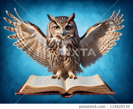 Wisdom and education concept image with a wise owl reading a book on blue background with copy space 119826530