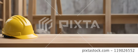 Banner Construction Site With Yellow Hard Hat Positioned on Wooden Planks in Urban 119826552