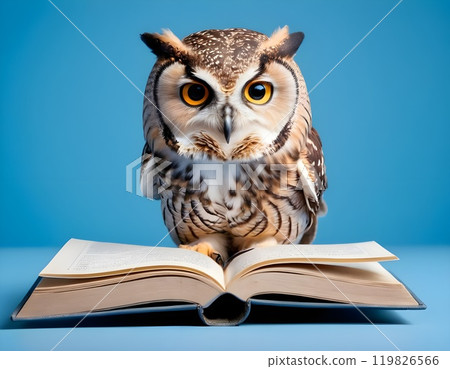 Wisdom and education concept image with a wise owl reading a book on blue background with copy space 119826566
