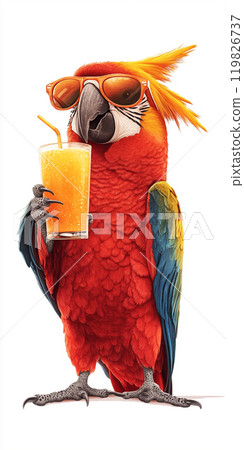 Parrot wearing sunglasses, holding a glass of orange juice . Holiday background 119826737