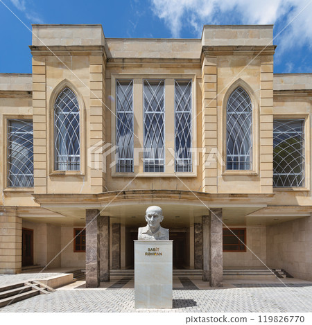 Sabit Rahman statue prominently displayed outside Sheki State Drama Theatre in Shaki, Azerbaijan Sabit Rahman statue prominently displayed outside Sheki State Drama Theatre in Shaki, Azerbaijan 119826770