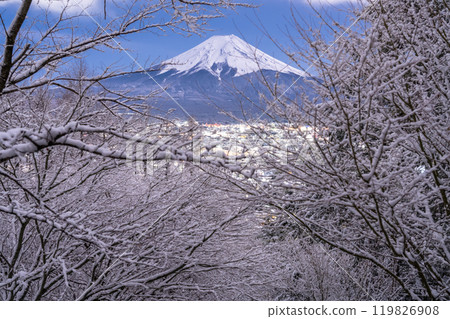 【山梨郡】富士山與白雪皚皚的新倉山淺間公園/日本雪景 119826908