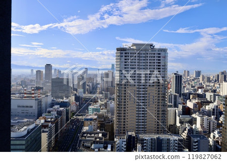 漂浮在晨霧中的大阪城，生駒山，將大阪與大阪分開，大阪城公園，大阪府廳，晨霧，古老的山脈，大阪 119827062