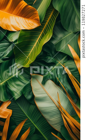 A Vibrant Collage of Tropical Leaves Showcasing Diverse Shades and Textures in Natural Setting 119827271