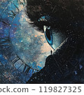 A Surreal cosmic scene with eye clock and man on mountain peak 119827325