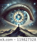 A Surreal cosmic scene with eye clock and man on mountain peak 119827328