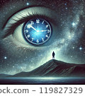 A Surreal cosmic scene with eye clock and man on mountain peak 119827329