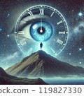 A Surreal cosmic scene with eye clock and man on mountain peak 119827330
