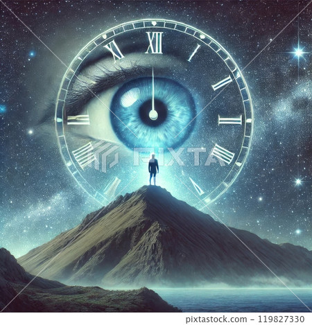 A Surreal cosmic scene with eye clock and man on mountain peak A Surreal cosmic scene with eye clock and man on mountain peak 119827330