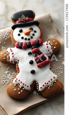 Decorative Gingerbread Snowman Cookie With Festive Icing Details on a Light Background Decorative Gingerbread Snowman Cookie With Festive Icing Details on a Light Background 119827466