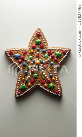 Brightly Decorated Star-Shaped Gingerbread Cookie on a Plain Background Brightly Decorated Star-Shaped Gingerbread Cookie on a Plain Background 119827469