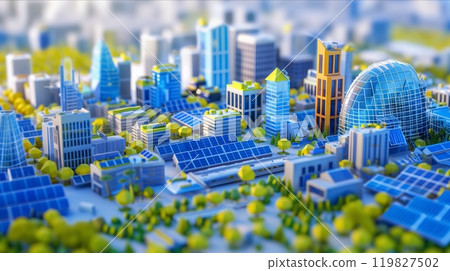 Modern Sustainable Cityscape With Solar Panels and Green Architecture in Bright Colors 119827502