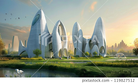 Futuristic Architecture in a Serene Landscape at Sunset With Unique Organic Shapes and Greenery 119827512