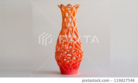 Artistic Orange and Red 3D Printed Vase With Intricate Design Displayed on a Neutral Background 119827546