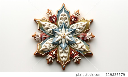 Intricately Designed Cookie With Floral Patterns and Vibrant Colors on a White Background 119827579