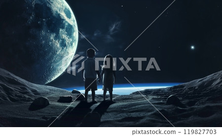 Two Children Holding Hands on a Moonlit Landscape Under a Vibrant Sky 119827703